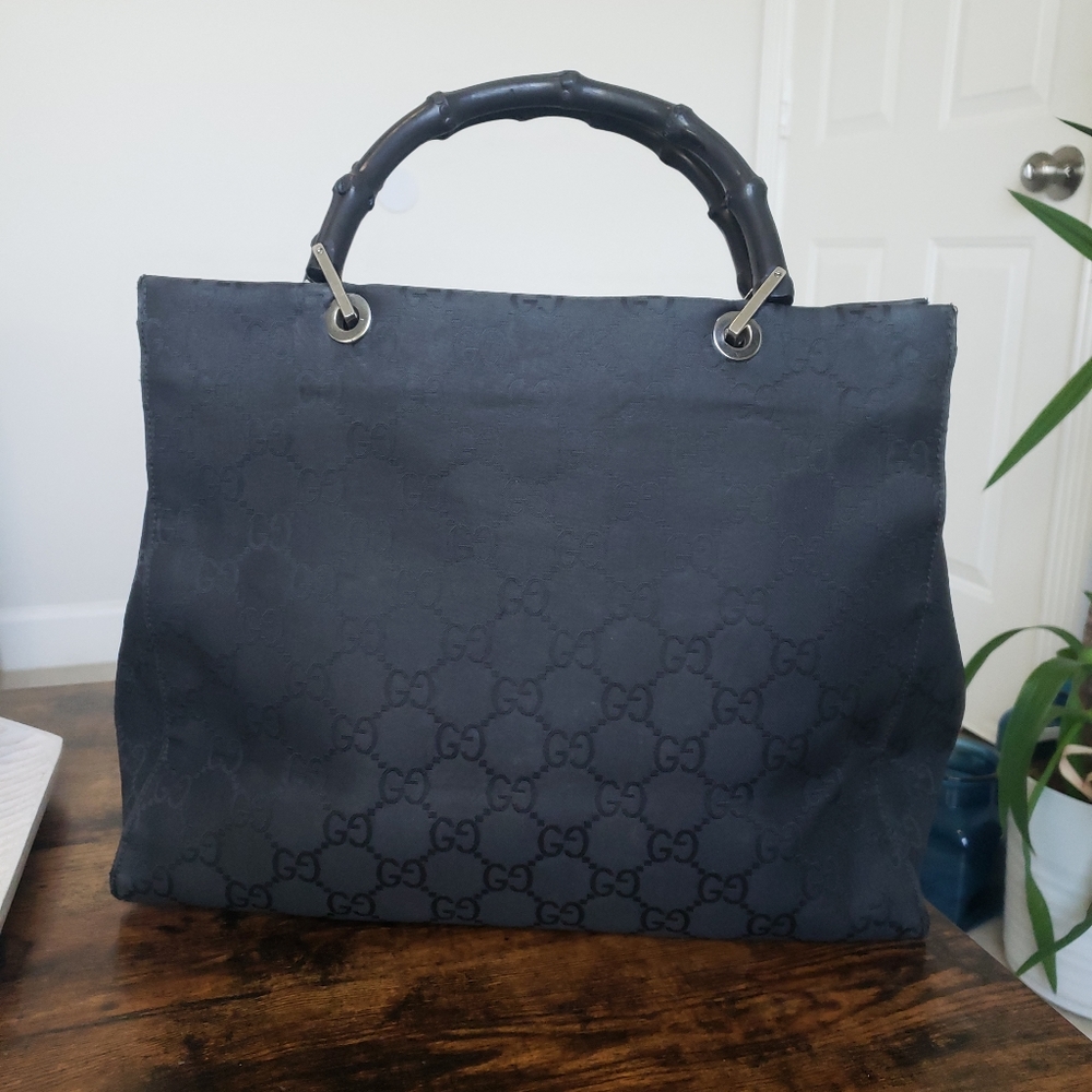 100% Authentic Gucci Guccissima Bamboo Tote Handbag Black